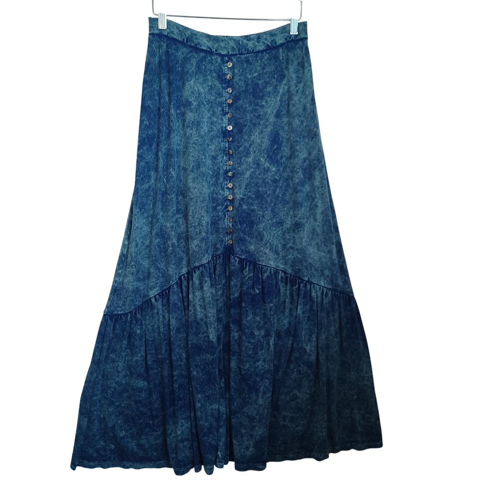 April Cornell Womens XS Blue Acid Wash Button Front Tiered Maxi Skirt Boho